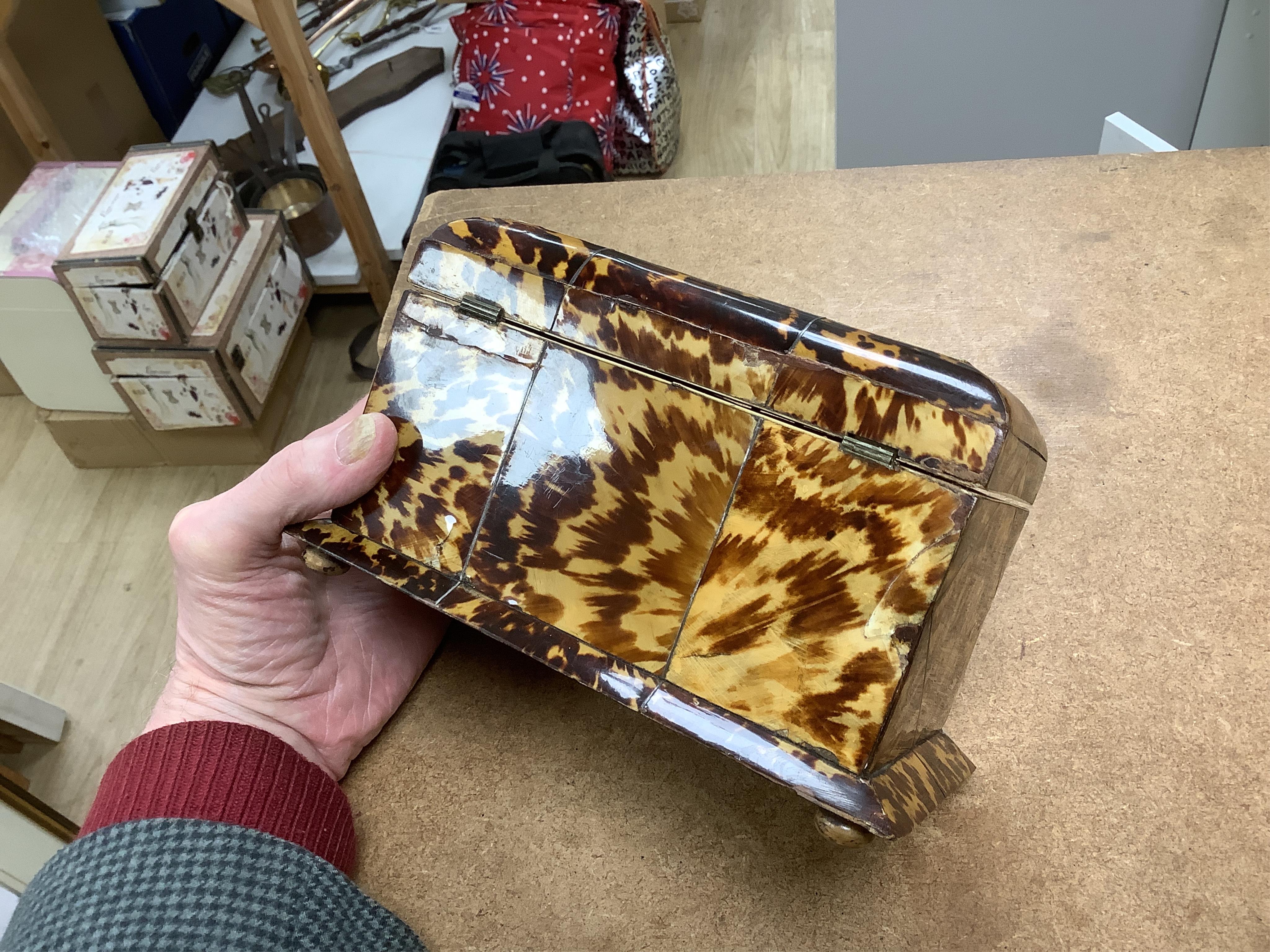 A mid 19th century decorative tortoiseshell and mother of pearl tea caddy, 20cm wide x 12.5cm high CITES Submission reference CXXC25Q1
